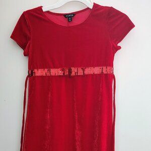 George brand Short sleeve red velour dress with sequined belt (size L 10-12)